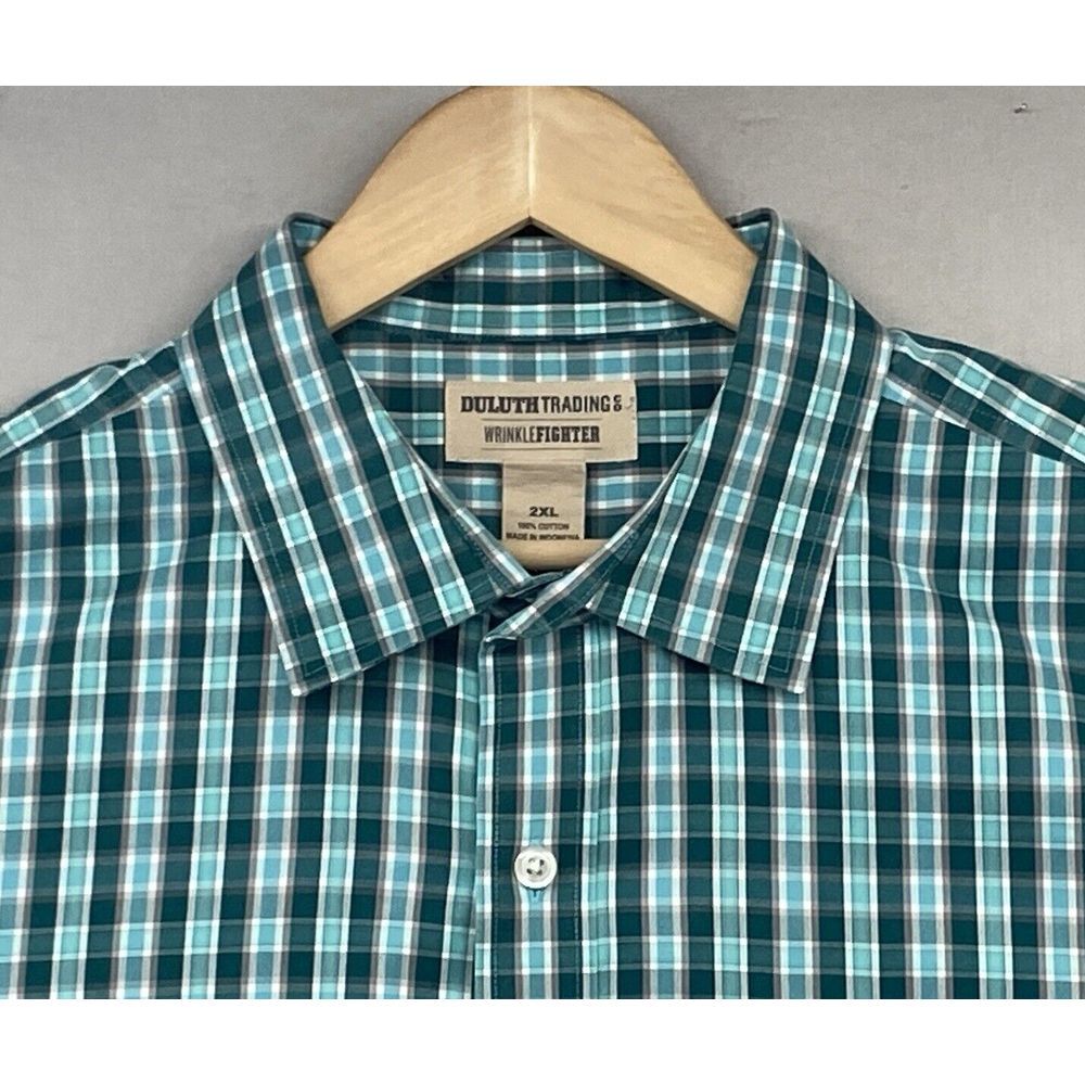Duluth Trading Button Shirt Men 2XL Teal Plaid WRINKLE FIGHTER Long Sleev Casual